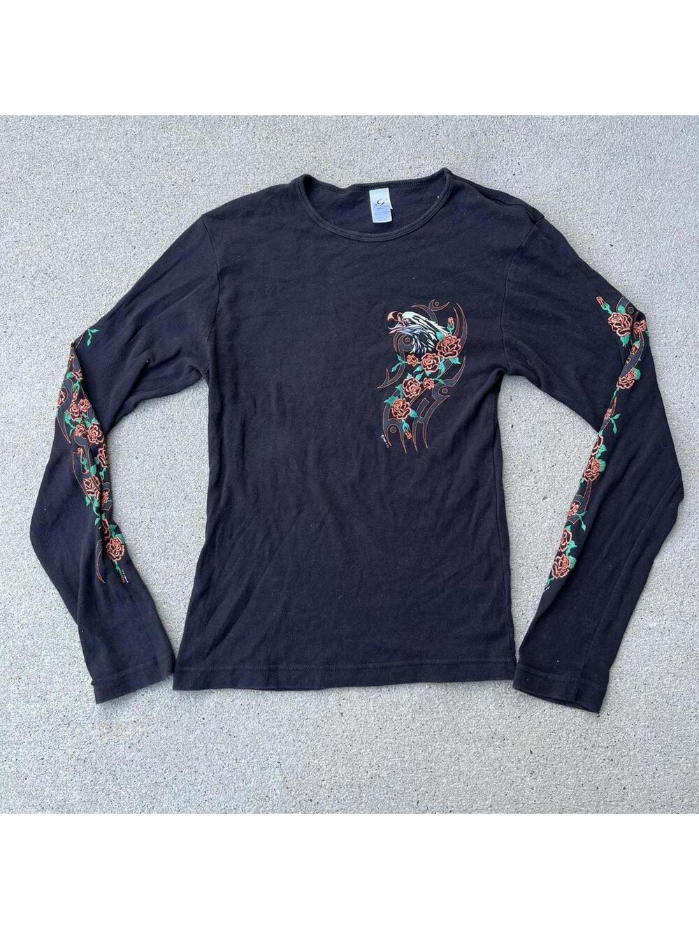 Cute black 2000s Eagle tribal orange rose print Biker Longsleeve shirt